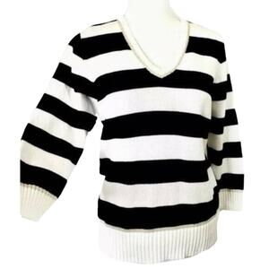 Jeanne Pierre striped knit sweater v neck 4/4 sleeve pullover cotton sz L